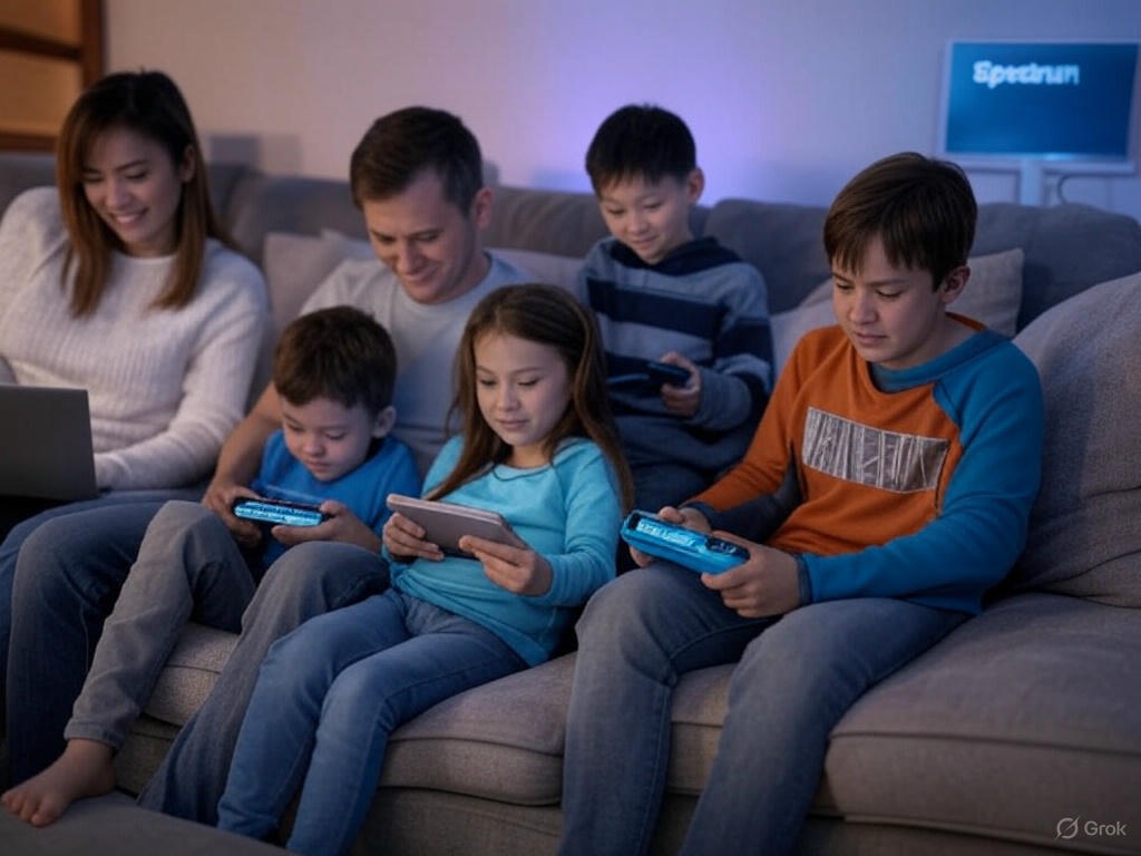 A family of five sits together in a living room, each using devices like laptops, tablets, smartphones, and gaming consoles, all connected seamlessly with Spectrum Internet. The Spectrum logo appears on a TV screen in the background, highlighting high-speed internet capabilities for households with 5+ devices.