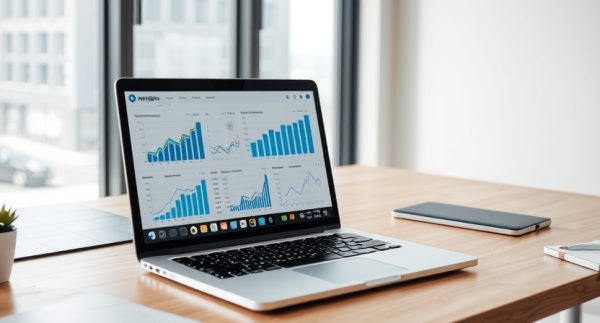 Modern office workspace with a laptop displaying digital marketing analytics