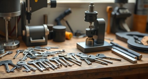 A professional workbench displaying metal keys, a cutting machine, and precision tools in a well-lit workshop.