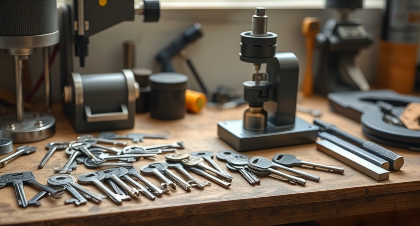A professional workbench displaying metal keys, a cutting machine, and precision tools in a well-lit workshop.